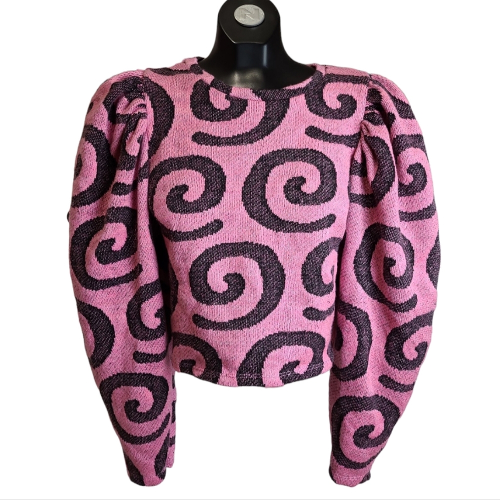 Zara Women's Jacquard Swirl Print Pullover Sweater Balloon Sleeves Pink Black S - Picture 3 of 10
